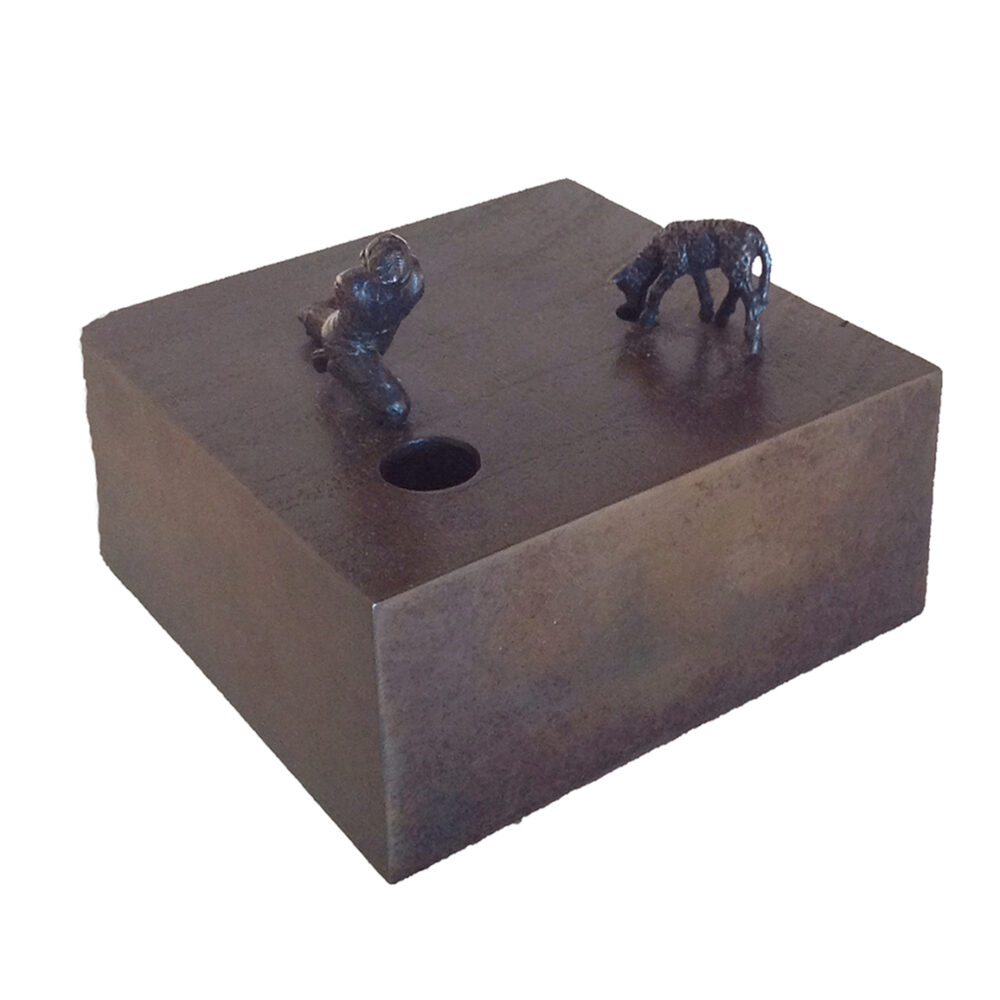 Untitled (man and lamb looking into holes)